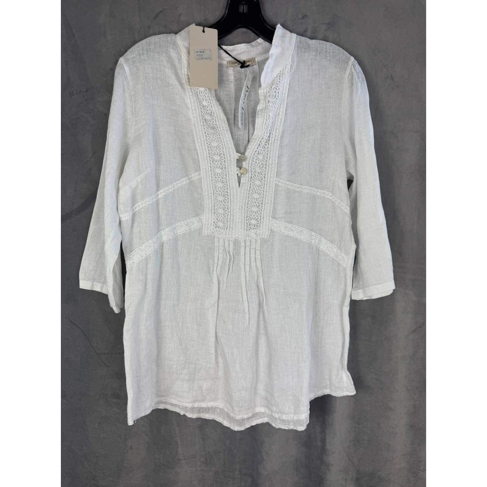 Lungo L'Arno White 100% Linen Lace Crochet Tunic Top Made in Italy Womens Size S